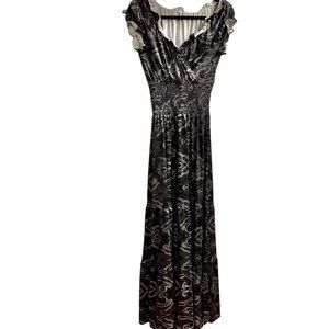 Brand, new, silky, gray, white, and black maxi dress. This is a no-name brand.